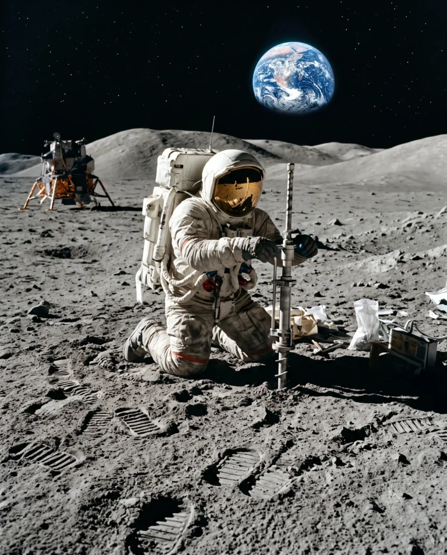 Astronaut on lunar surface drilling into gray regolith with Earth visible against the black sky.