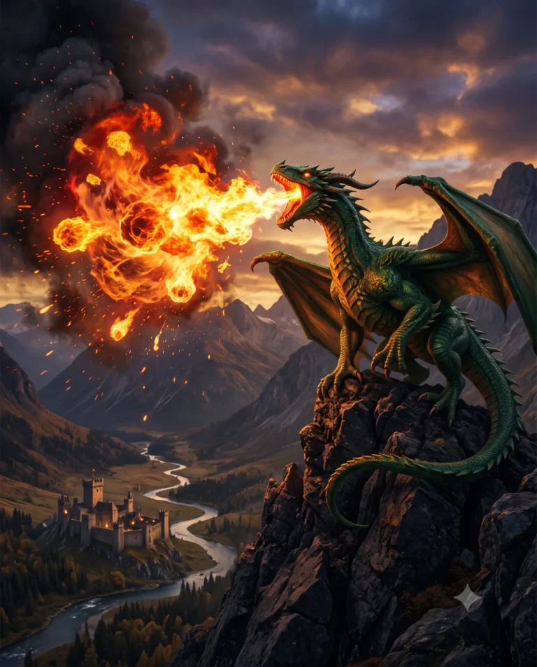 Emerald Dragon Breathing Fire at Sunset AI Prompt