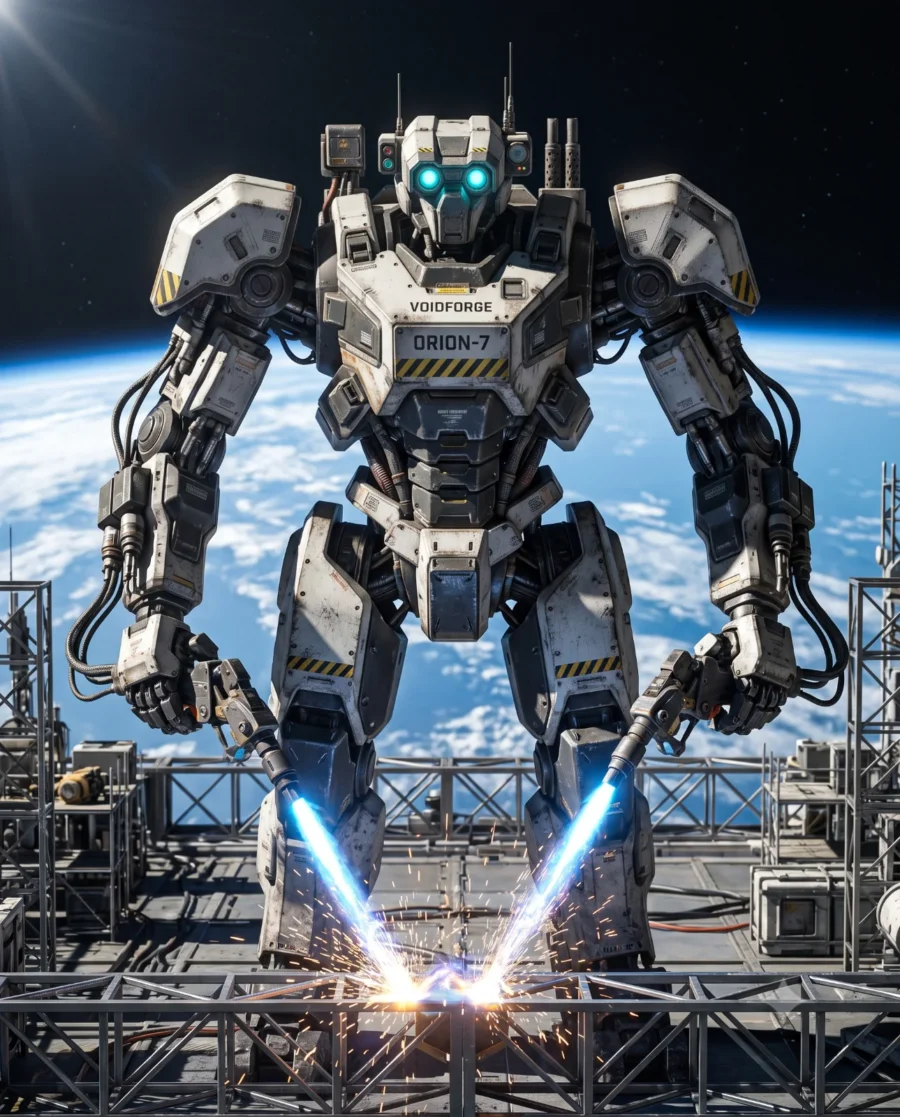 Industrial orbital construction mech with plasma welding arms against Earth and deep space.