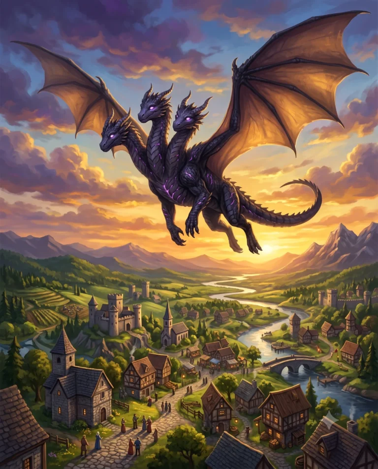Three-headed Ender Dragon gliding peacefully over a medieval village at sunset.