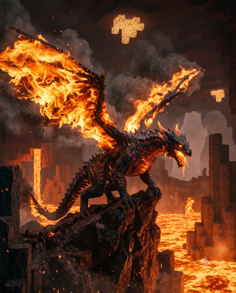 Generate a photorealistic, cinematic Nether Dragon with molten scales and fire wings.